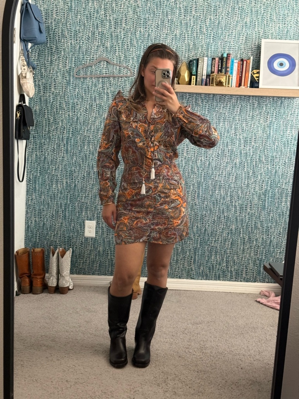 Anthropologie Paisley Long-Sleeve Mini Dress in Orange and Brown size 10